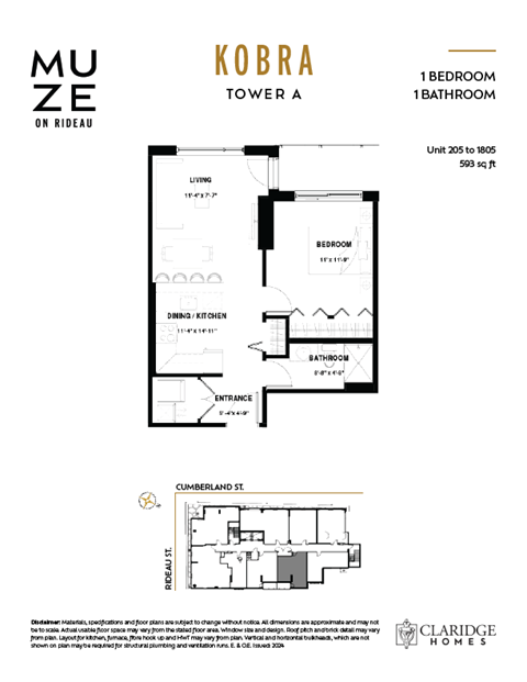 Floor plan for 1 bed, 1 bath, 593 sqft